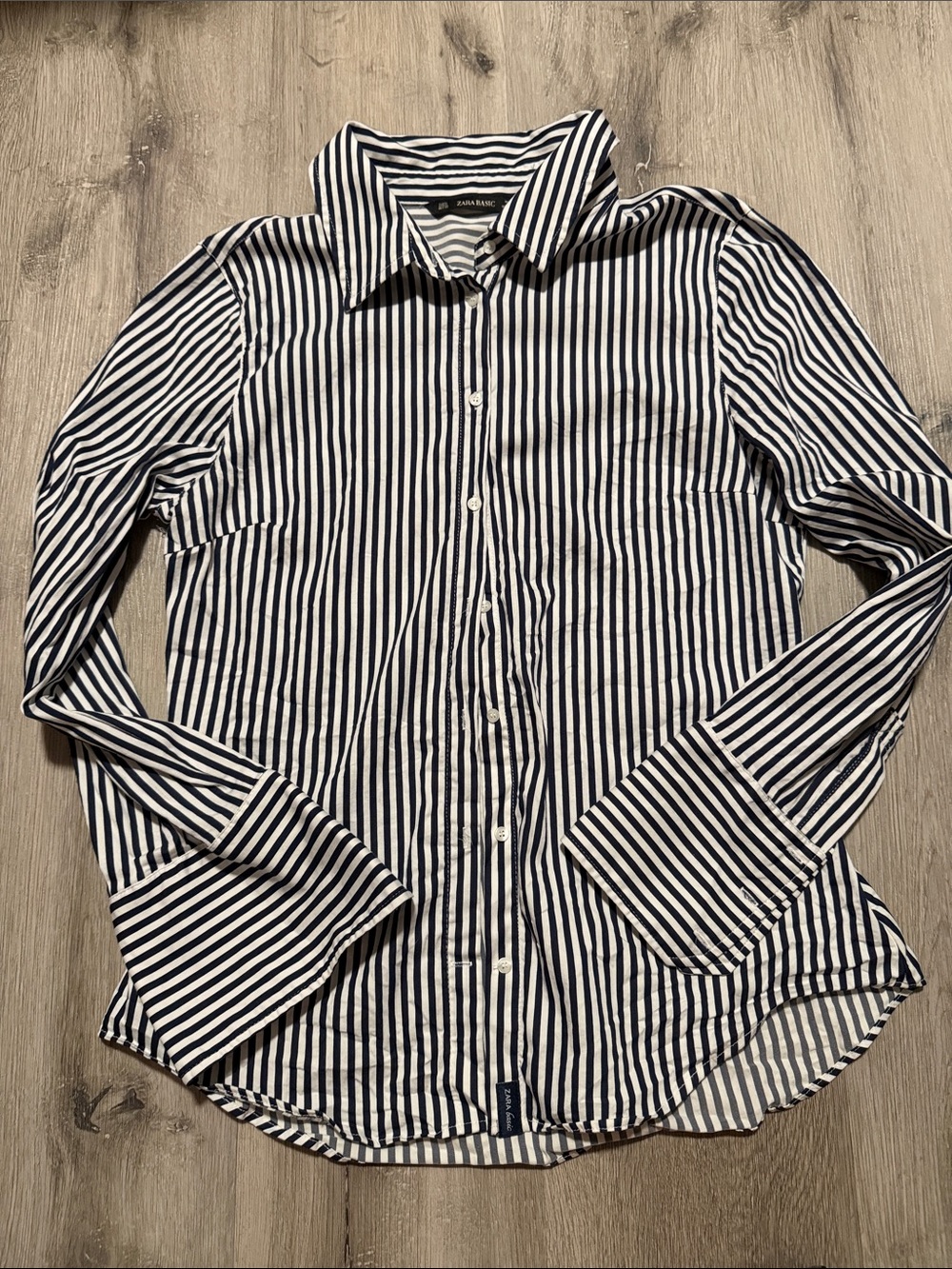 Zara Navy and White Vertical Stripe Dress Shirt